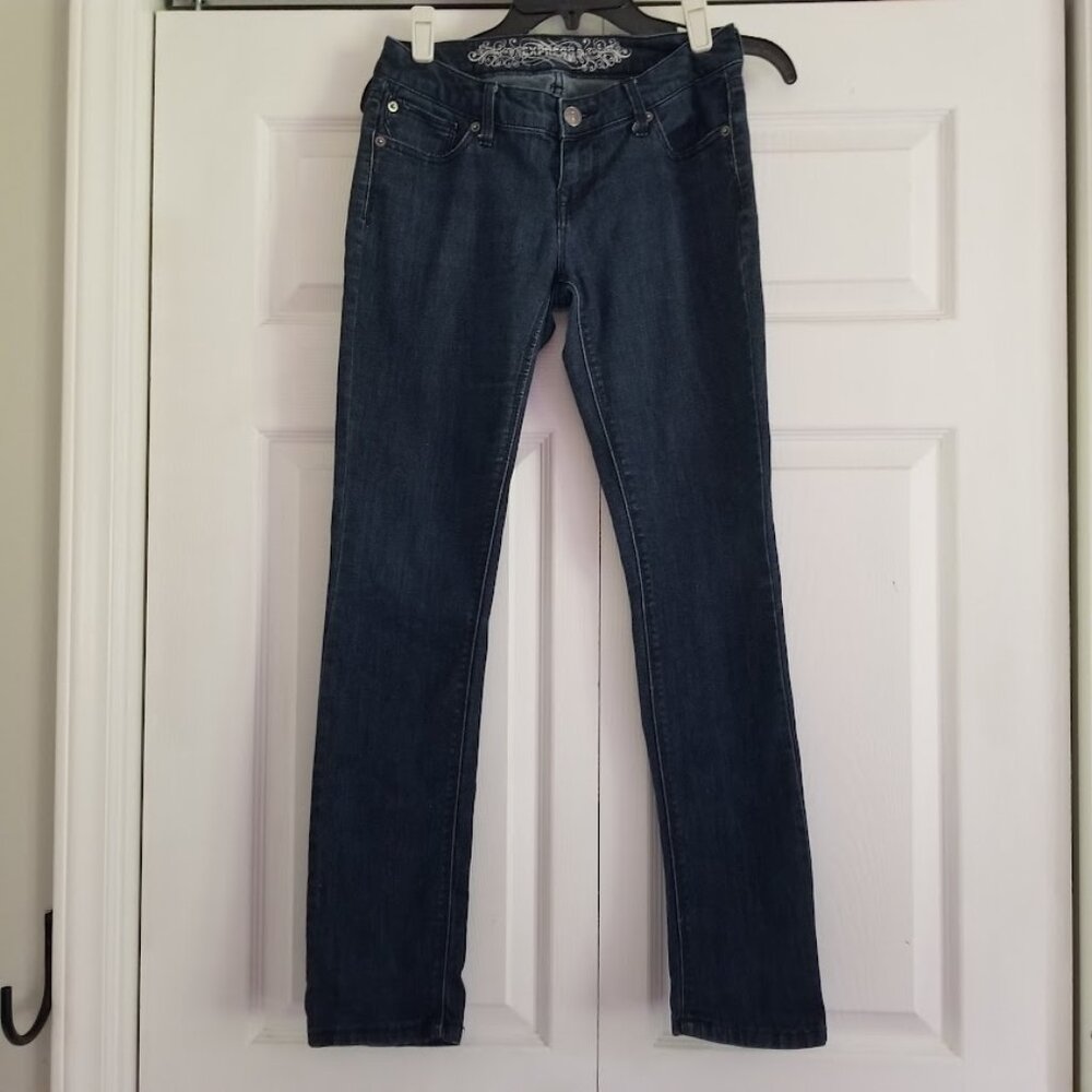 Vintage/Y2K Express Women's Jeans 2 Blue Skinny Dark Wash Emo Scene Embroidered